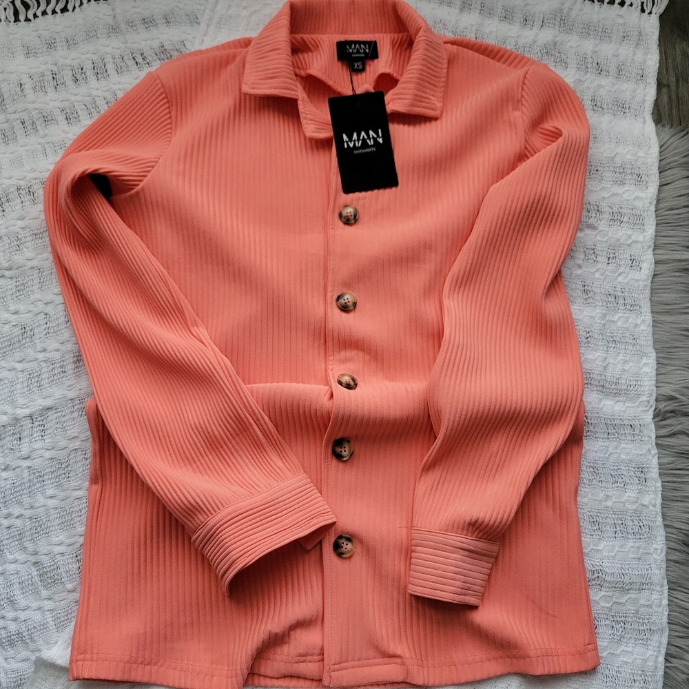 Boohoo Man Coral LongSleeve Buttoned Down Top